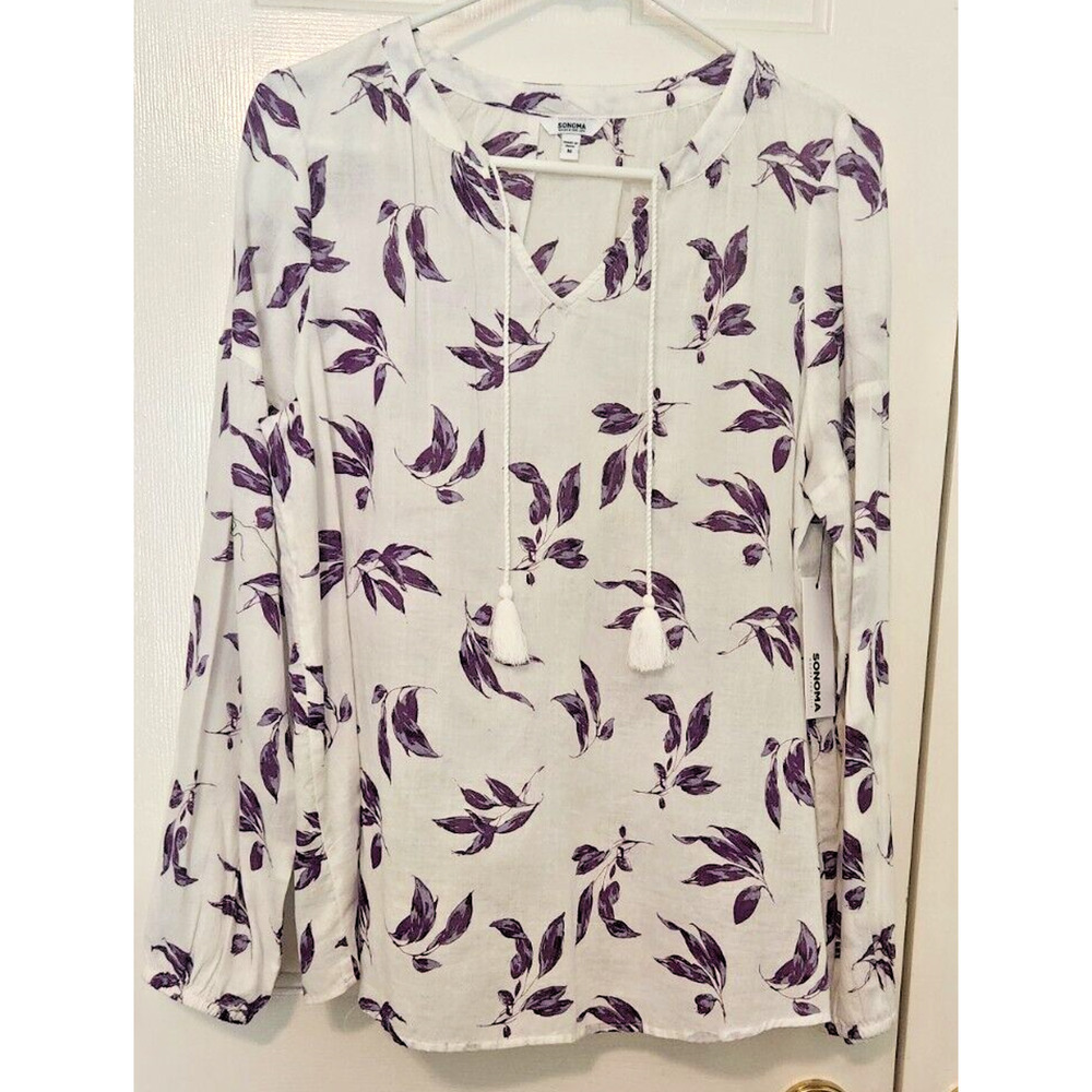 NEW Sonoma Women's Blouse Peasant Top Boho Tassels Long Sleeve Loose Fit Purple